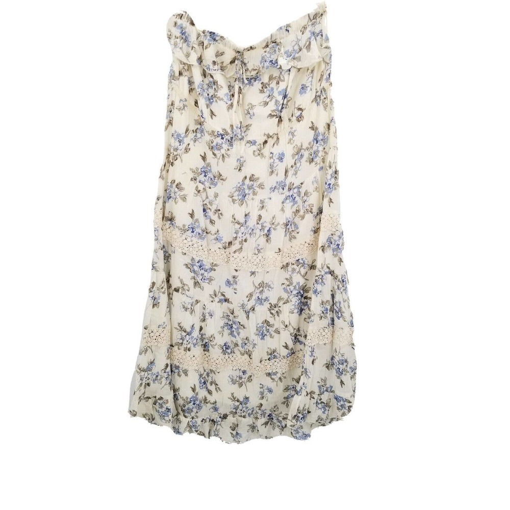Blue Bird floral strapless peasant dress womens large blue cream crochet ruffle